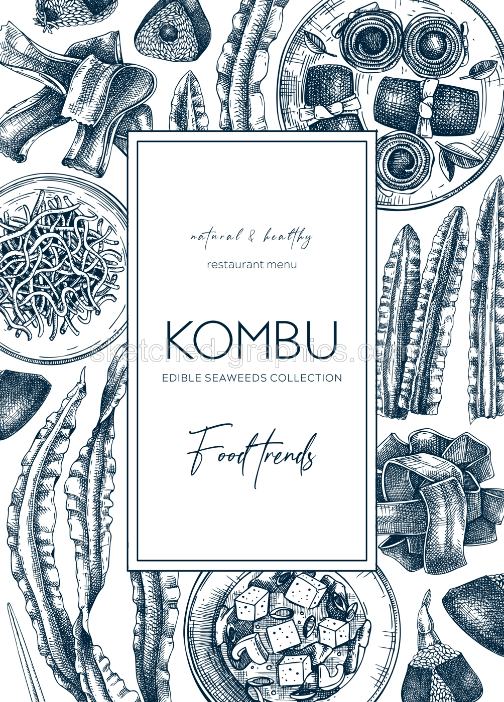 Hand-drawn Kombu frame design. Edible seaweed flyer template. Sea vegetable illustrations. Healthy food  and ingredients vector background. For Japanese cuisine, restaurant menu design, packaging. Illustration